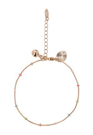 Brățară delicată din aur cu mărgele mici multicolore distribuite uniform, închizătoare tip homar, lanț ajustabil și două charmuri din aur.