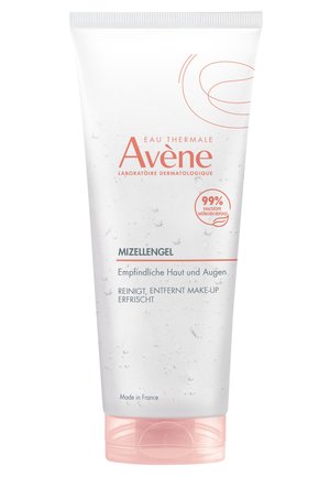 Transparente Tube des Avène Micellar Gel mit einem rosa Deckel. Das Etikett zeigt orangene Schrift und Wassertropf-Grafiken. Größenangaben und Anwendungshinweise sind sichtbar.