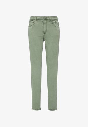 Pantalons en denim vert avec une coupe slim, design à cinq poches et texture subtile. Dotés d'une fermeture éclair et d'un bouton avec des détails de couture légers.