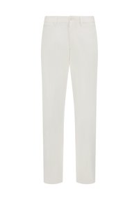 Pantaloni di colore crema chiaro con un design a gamba dritta, dotati di chiusura con bottone e zip, tasche laterali e una texture del tessuto liscia.