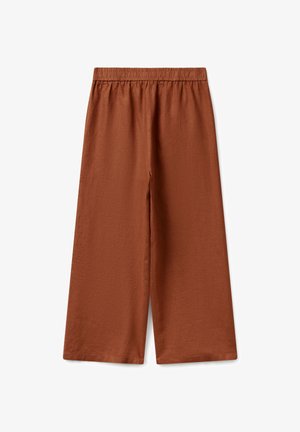 Rostfarbene weit geschnittene Hosen mit elastischem Bund, aus leichtem strukturiertem Material, flach auf weißem Hintergrund präsentiert.