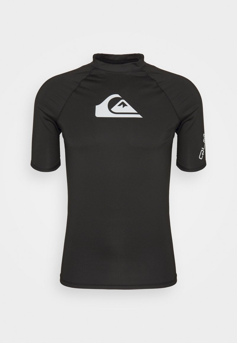 Short-sleeved black rash guard made of stretchy fabric, featuring a white logo on the chest and branding on the right sleeve.