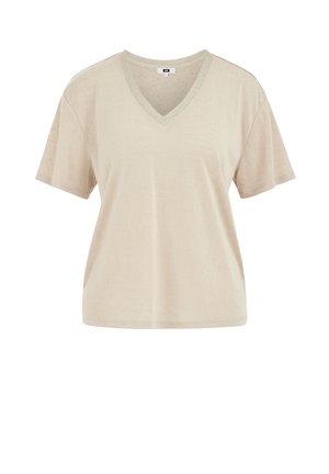 T-shirt beige à manches courtes avec col en V et bordure subtilement scintillante autour de l'encolure, présenté sur un fond blanc.