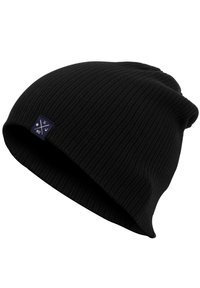 Black knitted beanie made of ribbed fabric, featuring a small navy logo tag on the side. The design is slouchy with a folded edge.