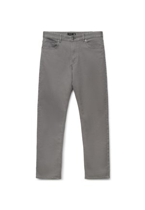 Graue Hose mit geradem Bein, vorderen und Münztaschen, Reißverschluss und Knopfverschluss, auf weißem Hintergrund dargestellt.