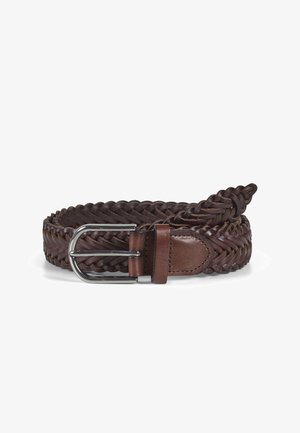 Brown braided leather belt with a silver metal buckle and leather accents. Features a textured weave pattern and sturdy construction.