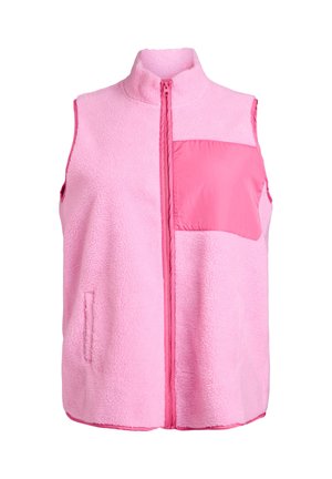 Ærmeløs pink fleecevest med frontlynlås og kontrasterende glat brystlomme på en ensartet hvid baggrund.