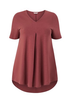 Kortærmet V-hals top i støvet rose, med en central plissé og rundet kant, lavet af et blødt, let materiale.