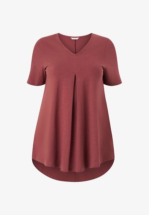Korte mouwen, V-hals top in stofroze, met een centrale plooi en ronde zoom, gemaakt van een zachte, lichte stof.