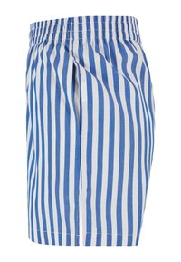 Short bleu et blanc à rayures verticales avec taille élastique, fente latérale et poche latérale visible sur fond blanc.