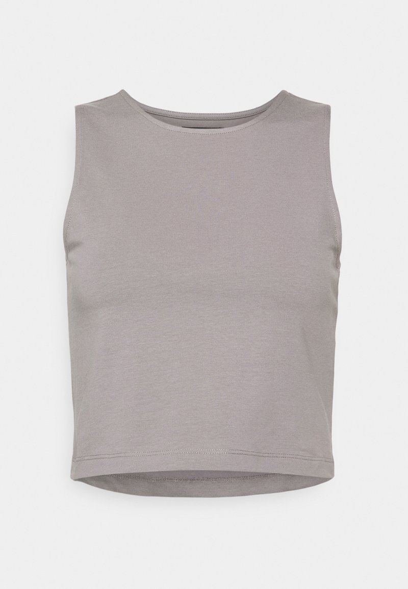 Débardeur court sans manches gris clair avec un col rond et un tissu uni et lisse.