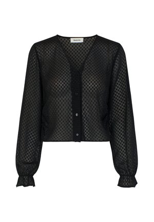 Black sheer blouse with a v-neck, long puff sleeves, and button closures. Features a checkered pattern and gathered details at the cuffs.