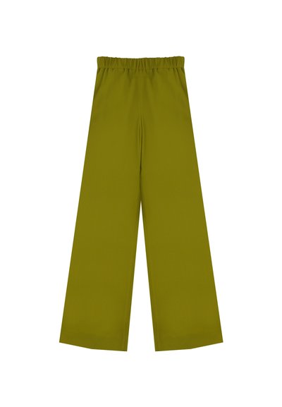 Olijfgroene wijde broek met elastische tailleband, een gladde textuur en geen zichtbare patronen of accenten.