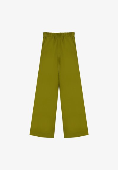 Olijfgroene wijde broek met elastische tailleband, een gladde textuur en geen zichtbare patronen of accenten.