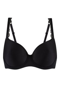 Reggiseno nero con ferretto, tessuto liscio, spalline rifinite in pizzo e forma sagomata. Dotato di spalline regolabili per una vestibilità personalizzata.