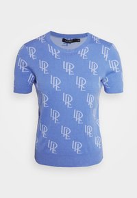 Maglione corto a maniche corte blu con motivo ripetuto del logo "LR" in bianco. Presenta un collo rotondo e orli e polsini a costine. Realizzato in tessuto lavorato a maglia.