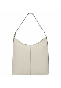 Sac à bandoulière en cuir beige clair avec une texture lisse, une silhouette courbée, une seule sangle et un subtil détail de couture. Design épuré et minimaliste.