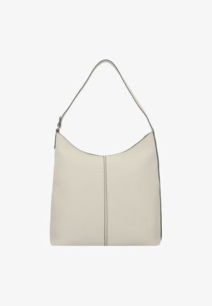 Sac à bandoulière en cuir beige clair avec une texture lisse, une silhouette courbée, une seule sangle et un subtil détail de couture. Design épuré et minimaliste.