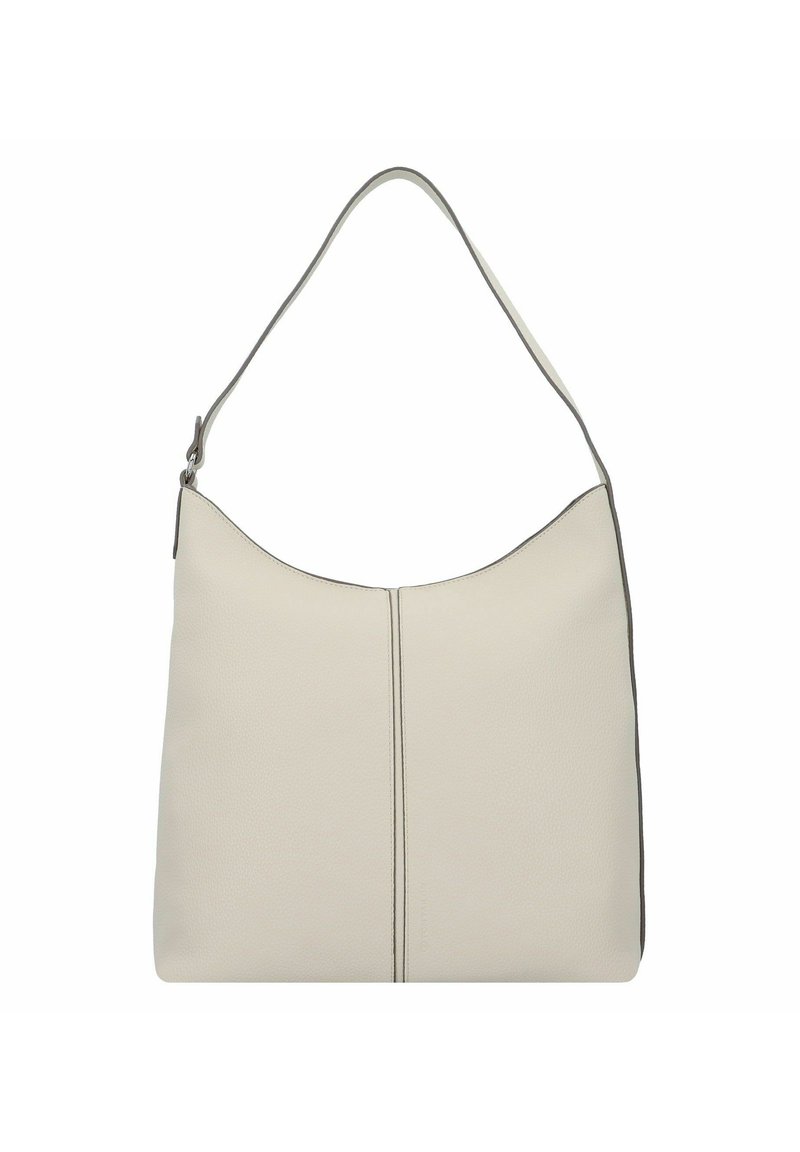 Sac à bandoulière en cuir beige clair avec une texture lisse, une silhouette courbée, une seule sangle et un subtil détail de couture. Design épuré et minimaliste.