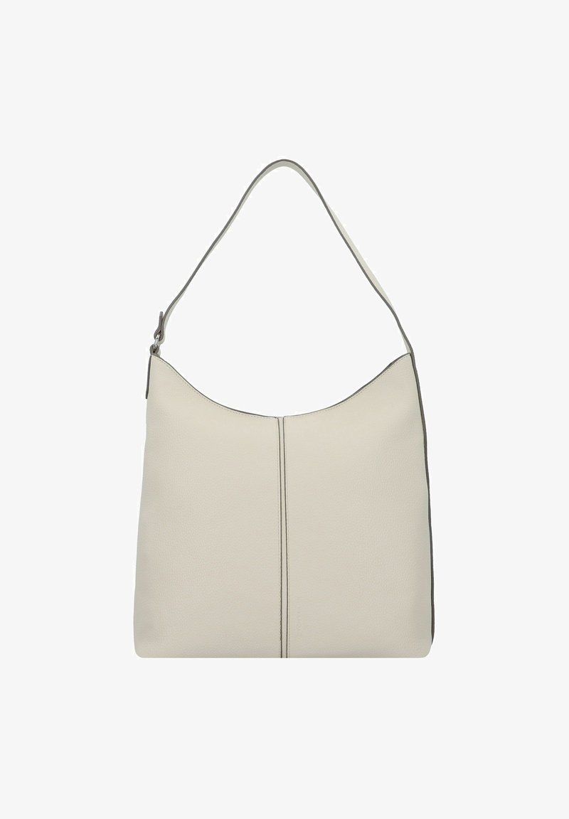 Sac à bandoulière en cuir beige clair avec une texture lisse, une silhouette courbée, une seule sangle et un subtil détail de couture. Design épuré et minimaliste.
