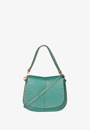 Borsa a tracolla in pelle teal con chiusura a patta, cuciture a contrasto e tracolla regolabile. Texture liscia e forma strutturata.