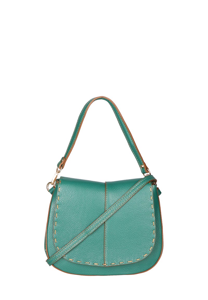 Borsa a tracolla in pelle teal con chiusura a patta, cuciture a contrasto e tracolla regolabile. Texture liscia e forma strutturata.