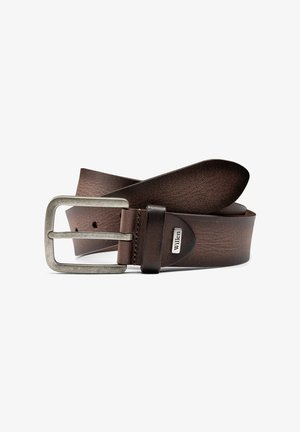 Brown leather belt with a textured finish, silver metal buckle, and a logo patch. The design features rounded edges and multiple holes.