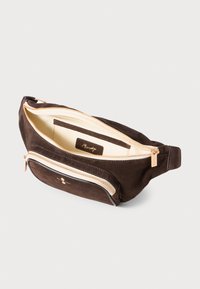 Brown suede fanny pack with two zippered compartments, gold hardware, and cream interior lining. Features a small label inside.
