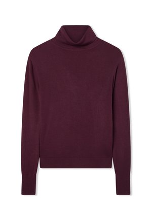 Burgundowy sweter z golfem, wykonany z miękkiego dzianiny, z prążkowanym kołnierzem i mankietami oraz prostym, dopasowanym krojem.