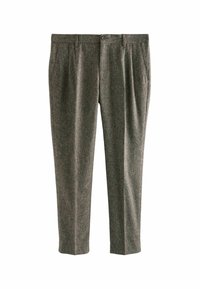 Gray textured trousers with a subtle striped pattern, featuring a button closure and front pleats for added detail and style.