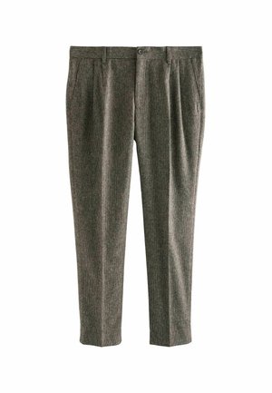 Grau gemusterte Hosen mit einem dezenten Streifenmuster, ausgestattet mit einem Knopfverschluss und vorderen Falten für zusätzliche Details und Stil.