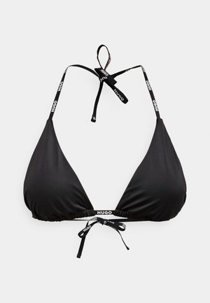 Black bikini top with a triangle design. Features adjustable ties with branded accents and a gathered band at the base. Smooth fabric texture.