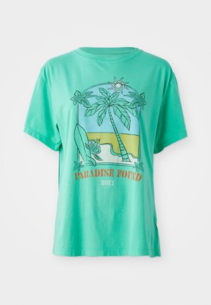 Mint green cotton t-shirt featuring a graphic of palm trees, surfboard, and beach scene with "PARADISE FOUND" text, relaxed fit, short sleeves.