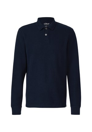Polo a maniche lunghe blu navy con texture a coste, chiusura con tre bottoni e polsini. Realizzata in materiale morbido con un design classico del colletto.