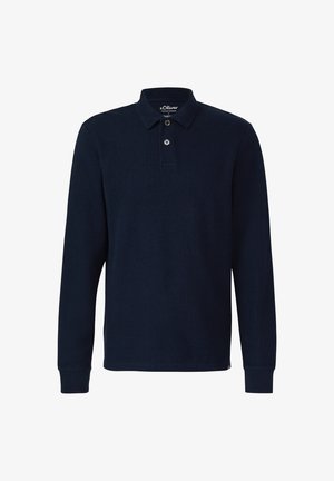 Marineblaues Langarm-Poloshirt mit gerippter Textur, Dreiknopf-Leiste und Bündchen. Hergestellt aus weichem Material mit klassischem Kragen.