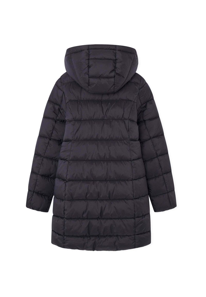 Cappotto imbottito nero in piuma, con cappuccio, caratterizzato da un design trapuntato e maniche lunghe. Tessuto liscio, arriva fino a metà coscia.