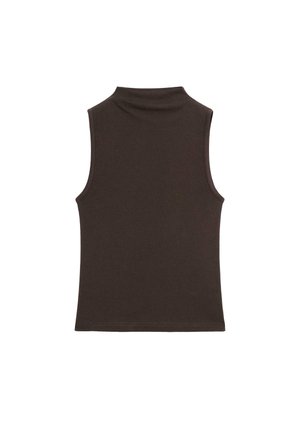 Brown sleeveless top with a high neck, smooth texture, fitted design, and clean edges, suitable for layering or casual wear.