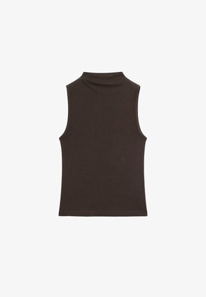 Brown sleeveless top with a high neck, smooth texture, fitted design, and clean edges, suitable for layering or casual wear.