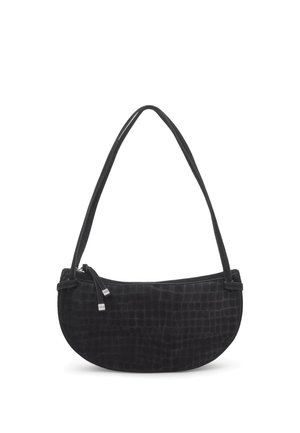 Black crescent-shaped handbag with textured pattern, single strap, and zipper pull tabs.