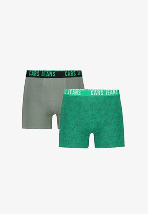 Twee paar herenboxers: één in effen grijs, de andere in groen met een zwart doolhofachtig patroon; beide hebben een merk-elastische tailleband.