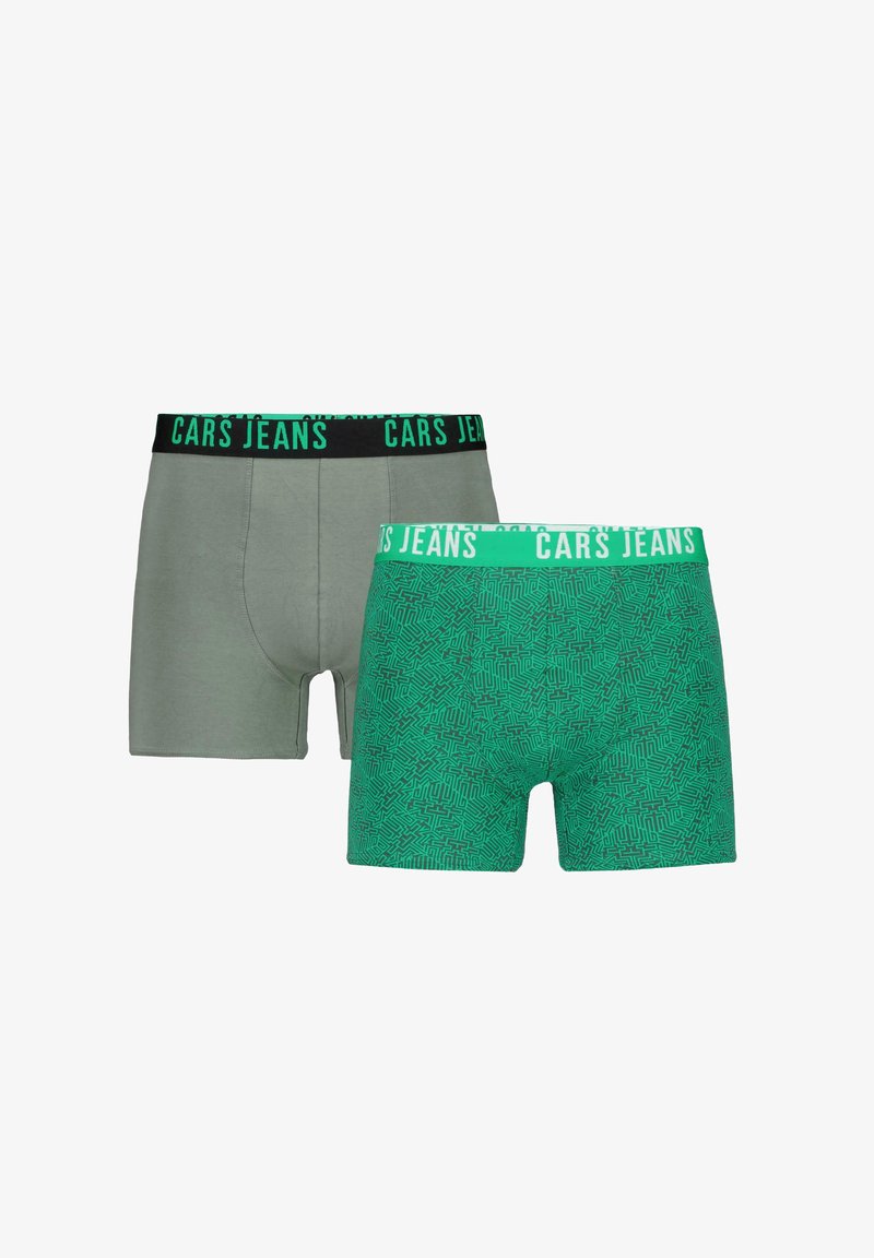 Twee paar herenboxers: één in effen grijs, de andere in groen met een zwart doolhofachtig patroon; beide hebben een merk-elastische tailleband.