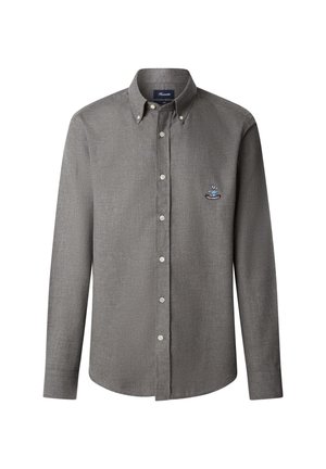 Grijze overhemd met een kraag, lange mouwen en een klein geborduurd logo op de borst. Glad materiaal met een subtiele textuur.