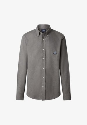 Grijze overhemd met een kraag, lange mouwen en een klein geborduurd logo op de borst. Glad materiaal met een subtiele textuur.