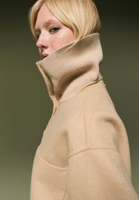 Pull-over en polaire beige à col montant avec un cou côtelé, texture douce et coupe oversize. Présente un design minimaliste et des détails de couture subtils.
