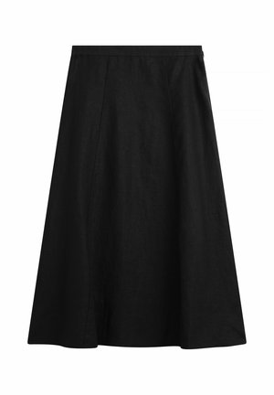 Schwarzer A-Linien-Midirock mit hoher Taille und dezenten Nahtdetails, entworfen für eine lockere, bequeme Passform.