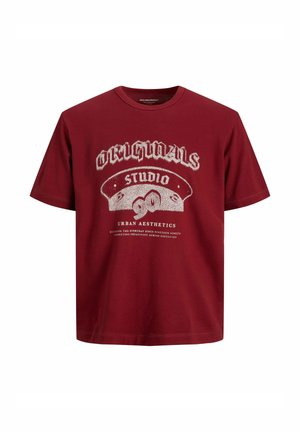Bordeauxfarbene Baumwoll-T-Shirt mit kurzen Ärmeln, rundem Halsausschnitt und weißem Grafiktext "ORIGINALS STUDIO URBAN AESTHETICS" auf der Vorderseite.
