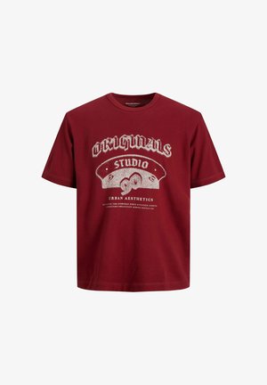 Burgundi puuvillane T-särk lühikeste varrukatega, ümar kaelaauk ja eesvalge graafiline tekst "ORIGINALS STUDIO URBAN AESTHETICS".