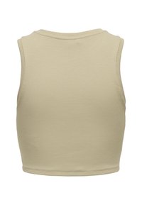 Beige geribd cropped top met een ronde halslijn en mouwloze uitvoering. De stof heeft een gladde textuur en bevat minimale stikdetails.