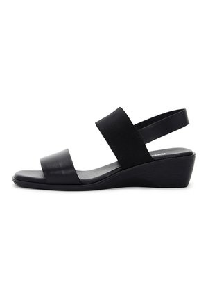 Sandalo nero con zeppa bassa, due ampie cinturini sul piede e cinturino elastico sul retro, suola liscia e punta arrotondata.
