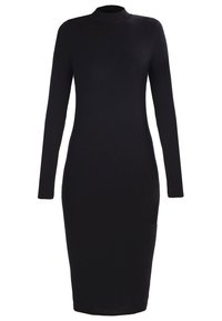Schwarzes Langarmkleid mit hohem Kragen, taillierter Silhouette, knielang, aus glattem Stoff, mit einem schlichten Design.